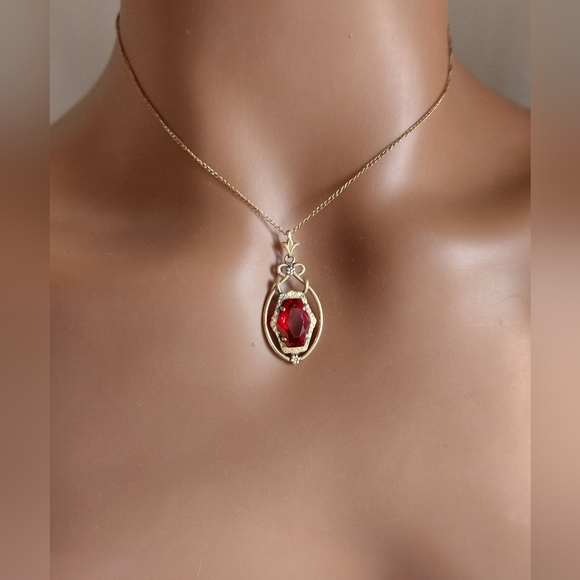 Jewelry - Gold Filled and Red Pendant Necklace